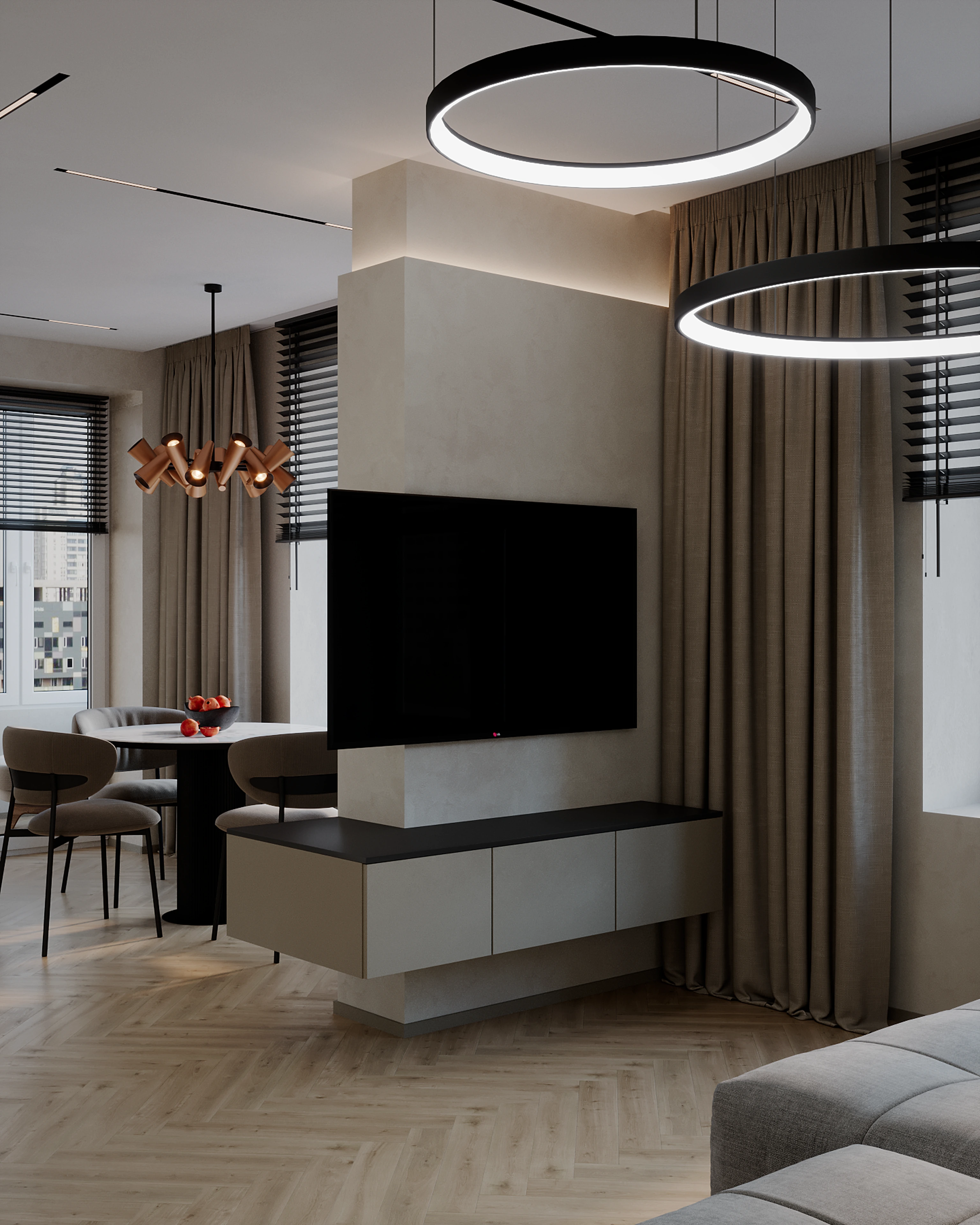 Living and dining interior with ring pendant lights, textured walls and timber flooring